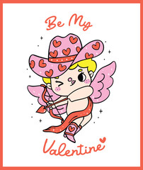 Cute Retro Groovy Cowboy Cupid Western Valentine Hand Drawn Bold Lined Girly T Shirt and Card Design