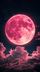 Obraz premium Pink Supermoon Rising Above a Sea of Pink Clouds and Stars.