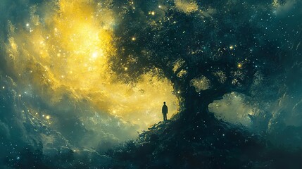Obraz premium Cosmic Tree: A Solitary Figure in a Starry Night Landscape