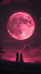 Silhouette of a Couple Admiring a Giant Pink Moon at Night.
