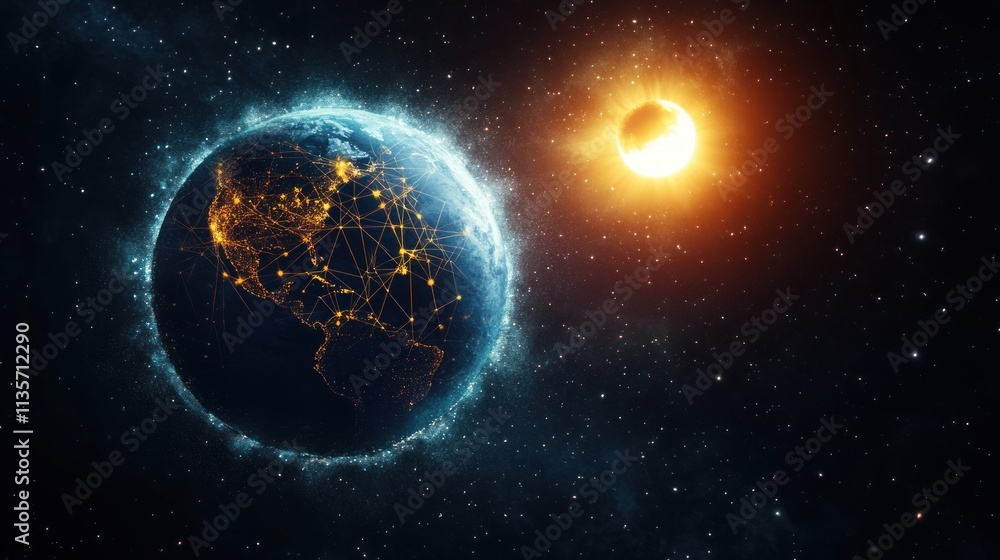 Wall mural global network connections visualized on earth with a solar eclipse.