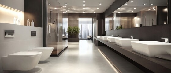 Contemporary Interior of bathroom with sink basin faucet lined up and hotel toilet urinals, Modern design, Construction and architecture