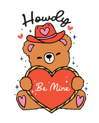Cute Retro Red Cowboy Teddy Bear with Red Heart Western Valentine Howdy Hand Drawn Bold Design
