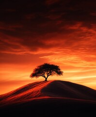 Fototapeta premium Fiery Sunset Over Hilltop Tree Silhouette