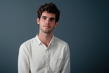 Fototapeta premium Portrait of a Young Man with a Thoughtful Expression Against a Dark Background