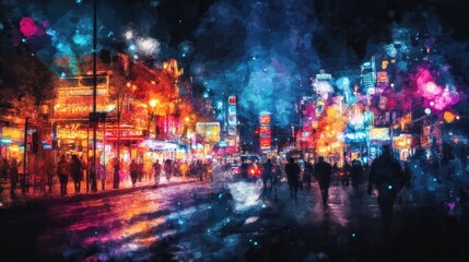 Obraz premium Vibrant city street at night, painted in watercolor style, showing bustling crowds and colorful lights.