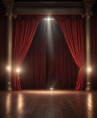 A magical theater stage with shiny red curtains and a single glowing spotlight , red, artistic