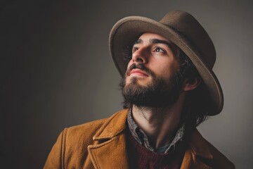 Fototapeta premium Thoughtful Young Man in a Stylish Hat and Jacket Posing Against a Dark Background