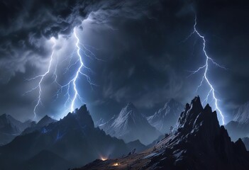Fototapeta premium Blue lightning bolts crackling above a mountain range, adventure, outdoor, striking