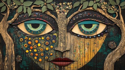 Artistic mural featuring a woman's face surrounded by nature and vibrant colors in an urban setting