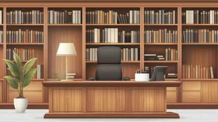 Luxurious wooden office with large bookcase, desk, chair, lamp, and plant.