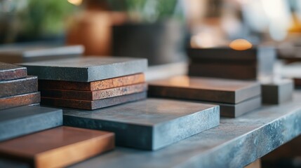 Collection of various metal samples displayed on a table, each labeled with detailed information about unique properties, characteristics, and industrial applications.