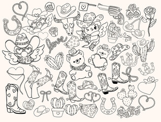Retro Cowboy Western Valentine Elements doodle outline Clipart Hand Drawn Bold Lined collection