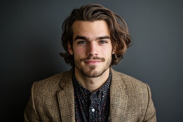 Obraz premium Stylish Young Man with Long Hair in a Brown Blazer Against a Dark Background