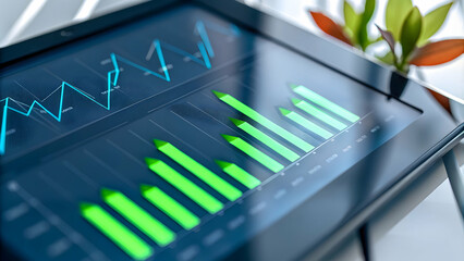 Close up of eco friendly financial dashboard with green analytics on laptop screen concept as Close up of laptop screen displaying eco friendly financial dashboard with green analytics symbolizing dig