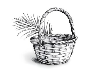 Obraz premium Hand-drawn illustration of a wicker basket with a palm leaf, perfect for design elements or rustic themes.