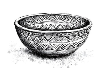 Hand-drawn illustration of a decorative bowl with a tribal-inspired pattern.