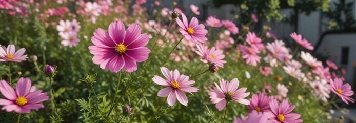 Fototapeta premium Cosmos flower with vibrant pink petals in a garden setting, vibrant, cosmos