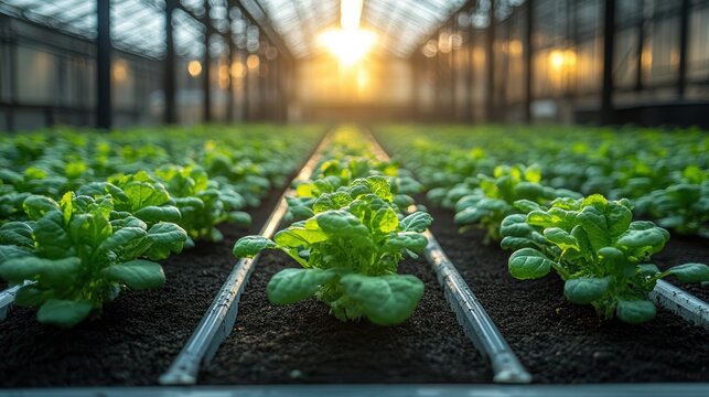 A large, modern greenhouse with rectangular columns, growing lettuce and vegetables in rows