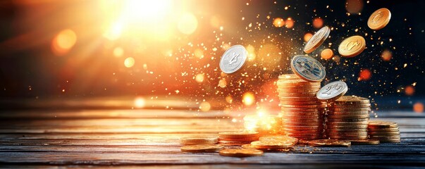 Golden Coins Stacks and Flying Coins on Wooden Table