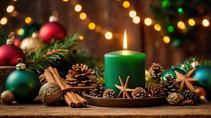A green Christmas candle on the first Advent, surrounded by classic natural Christmas decorations like cinnamon, straw stars, and colorful baubles, with a rustic wooden table and glowing golden light.