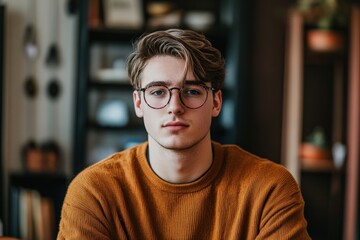 Fototapeta premium Thoughtful Young Man in Cozy Indoor Setting with Glasses and Warm Sweater