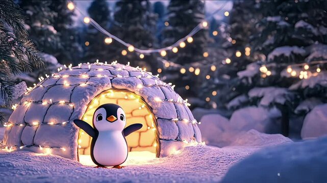 Charming penguin in a cozy snowy igloo surrounded by festive lights and winter wonderland, 3d rendering of whimsical scene concept