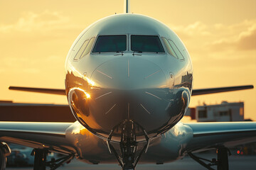 Selective focus airplane on parking zone, Landscape view of airport with airplane with sunset, Airport and airplane with cloud in background.