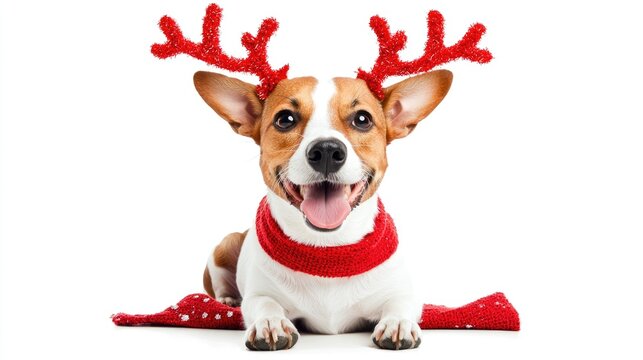 Happy dog wearing red reindeer antlers sitting on a white background. PNG transparent. Ai