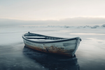 Naklejka premium Selective focus wooden boat in frozen lake in winter, Landscape view of glacier with fisherman boat.