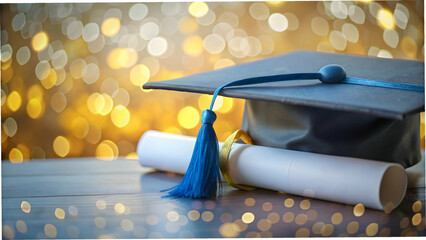 Graduation cap and diploma with bokeh digital art background copy space on top concept as A close up of a graduation cap and diploma set against a bokeh digital art background emphasizing academic ach