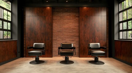 Openconcept salon with industrial design elements like exposed brick walls and metal fixtures, main keyword urban salon, concept modern sophistication