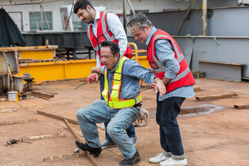 Construction builder worker accident at construction site. Construction workers have accidents at construction site. Accident concept. Health safe of work and safety first concept