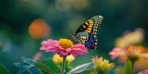 Obraz premium Butterfly Monarch Zinnia sitting on orange red bloom with clear wing details and natural bokeh