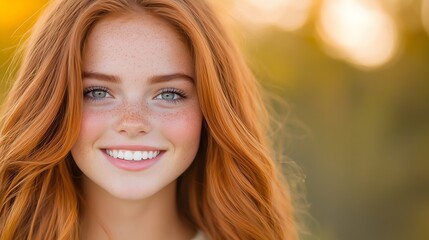 Fototapeta premium A young girl with striking red hair and freckles smiles brightly, surrounded by soft golden light. The gentle outdoor setting creates a warm and cheerful atmosphere, highlighting her joy.