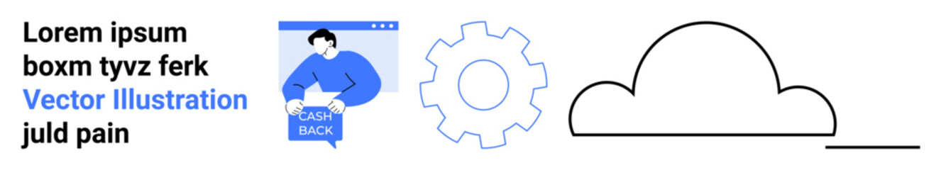 Gear, cloud, and person interacting through a return back button. Ideal for tech startups, websites, web development, cloud services, user experience, app design, and software development. Landing