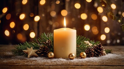 Festive Advent background featuring a burning candle surrounded by natural holiday decorations on rustic wood, with soft golden lights adding a warm and magical atmosphere for your Christmas message.