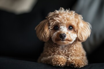 Adorable toy poodle puppy sits on a dark surface. Perfect for pet-related websites, blogs, or articles about dogs.