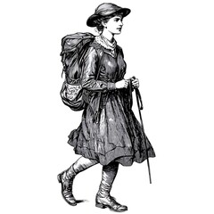 Obraz premium A Pen and Ink Drawing of a Young Woman Hiking with a Backpack and Walking Stick.