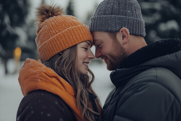 Fototapeta premium Portrait of couple in love in snow festival, Selective focus lover in winter, Happy girlfriend and boyfriend with beanie hat.