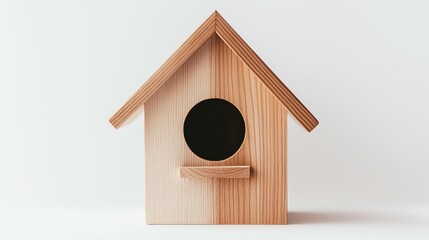 A detailed wooden birdhouse with a small perch on a solid white background, single object