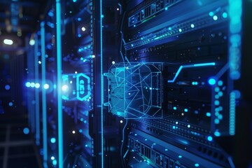 Obraz premium Data Center Server Racks with Digital Hologram