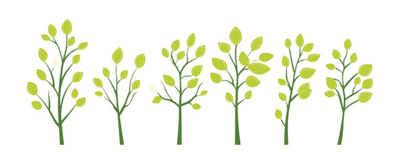 Set of tree and leaf collection hand drawn flat design vector element. botanical set of bare trees and ones with leaves and lush green
