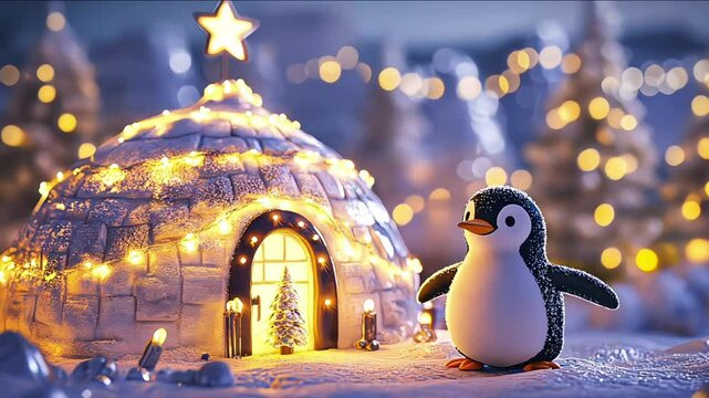 Charming penguin in a cozy snowy igloo surrounded by festive lights and winter wonderland, 3d rendering of whimsical scene concept