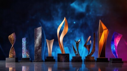 set of various corporate award trophies on a table