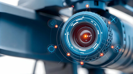 Macro Shot AI Drone Camera Lens Digital Processing Symbols Advanced Technology Aerial Imaging Ample Text Space Photo Stock Concept