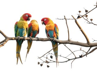 Obraz premium Three Colorful Parrots Perched on a Branch