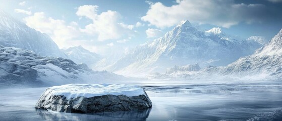 A mountain range with a snow covered rock in the foreground