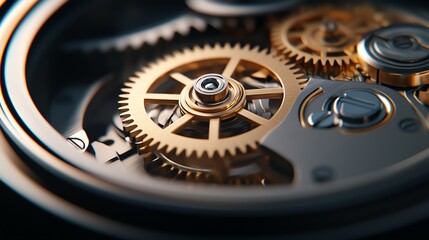 Closeup of intricate clockwork gears in motion, main keyword precision engineering, concept timeless mechanical beauty