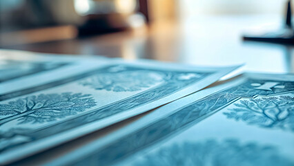 Macro Shot of Eco Friendly Green Investment Certificates on Desk Representing Commitment to Sustainable Finance